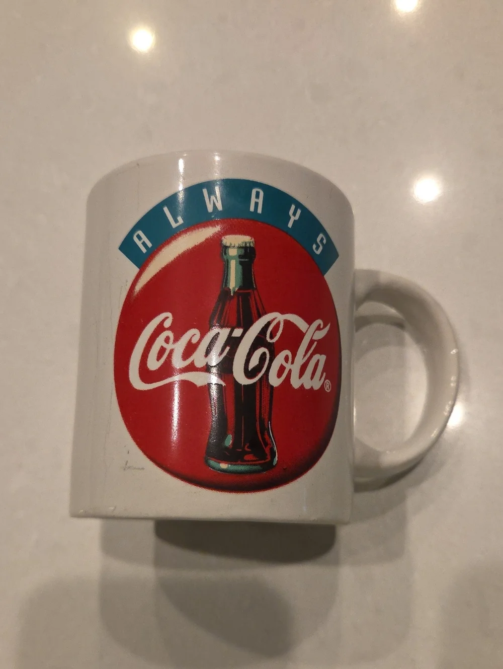 Coca-Cola White Mug with Red Circle and Teal Banner